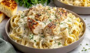 Olive Garden fettuccine Alfredo copycat recipe with crispy double-breaded chicken over creamy Alfredo sauce on a white dinner plate