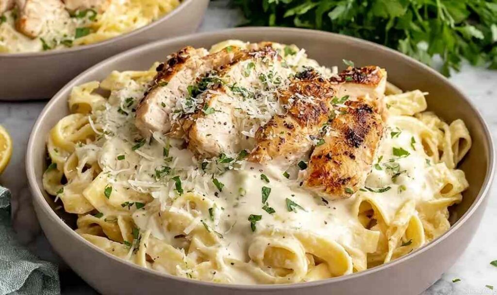 Olive Garden fettuccine Alfredo copycat recipe with crispy double-breaded chicken over creamy Alfredo sauce on a white dinner plate