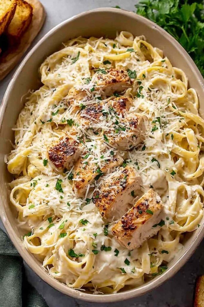 Olive Garden fettuccine Alfredo copycat recipe with crispy double-breaded chicken over creamy Alfredo sauce on a white dinner plate