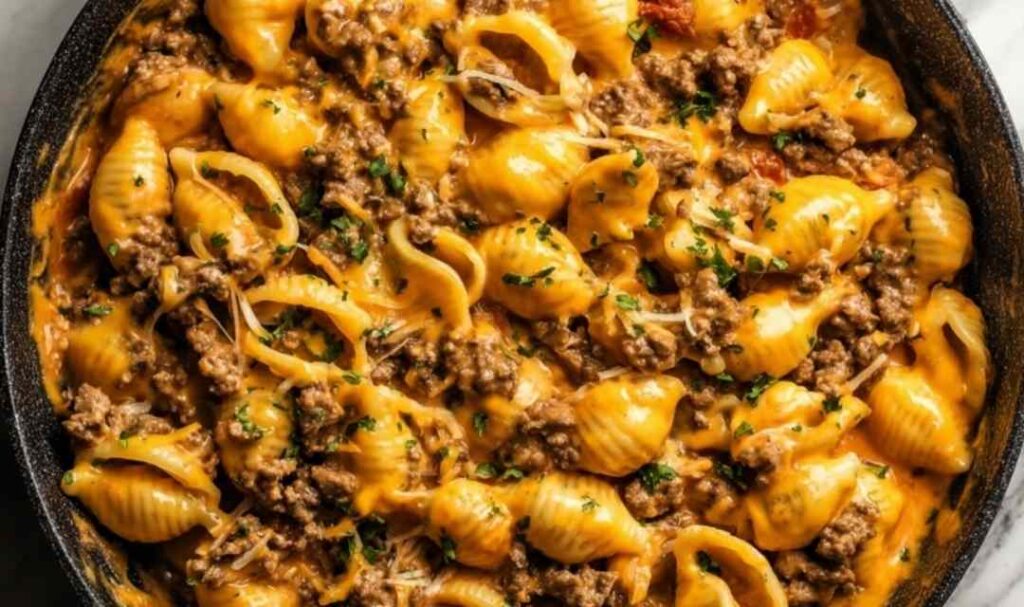 One-Pot Beef and Cheddar Ranch Pasta 5 One-Pot Beef and Cheddar Ranch Pasta in a Dutch oven with creamy cheddar sauce and fresh chive garnish