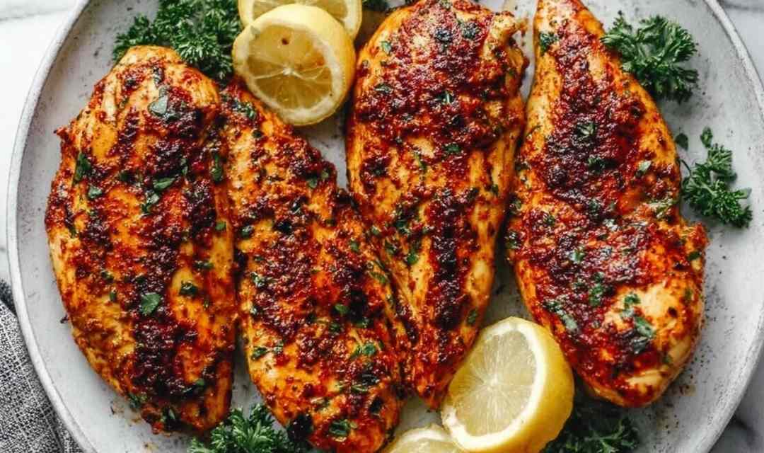 Pan seared chicken breast with golden crust in a cast iron skillet with white wine pan sauce