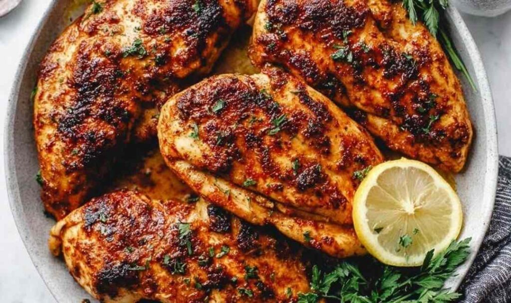 Pan seared chicken breast with golden crust in a cast iron skillet with white wine pan sauce