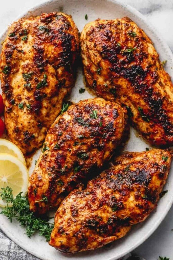 Pan seared chicken breast with golden crust in a cast iron skillet with white wine pan sauce