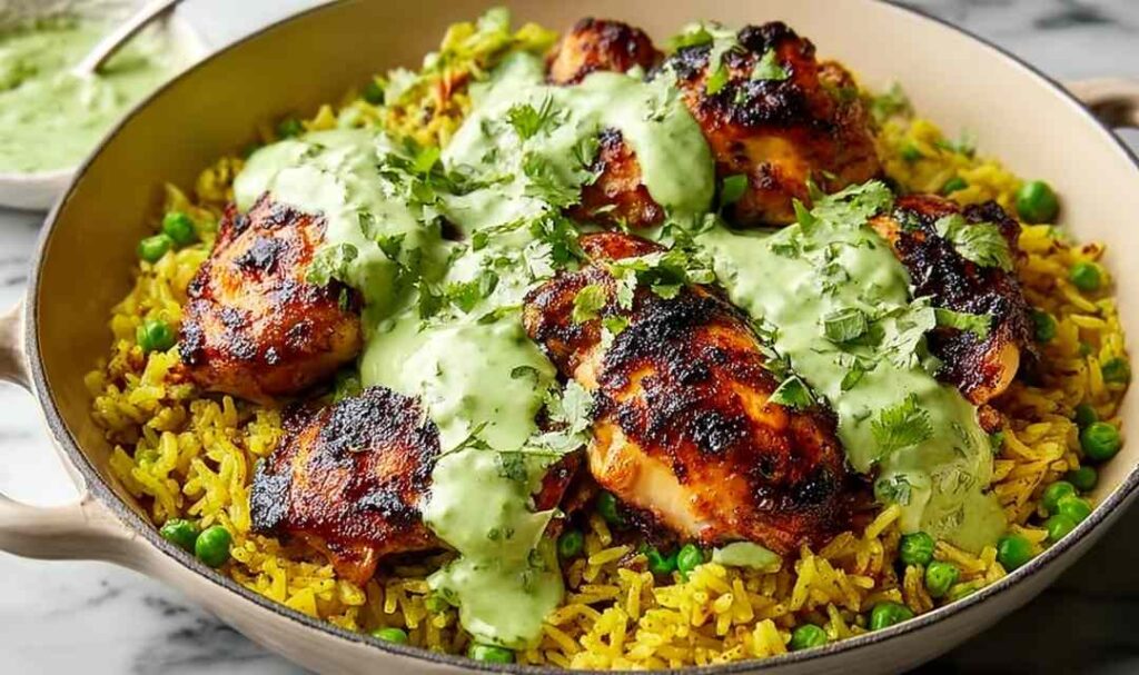 Peruvian Chicken and Rice with Green Sauce 5 Peruvian chicken and rice with green sauce served in a bowl with sliced avocado and fresh lime wedges