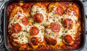 Pepperoni pizza stuffed chicken bake in a white 9x13 dish with golden melted mozzarella and bubbling marinara sauce