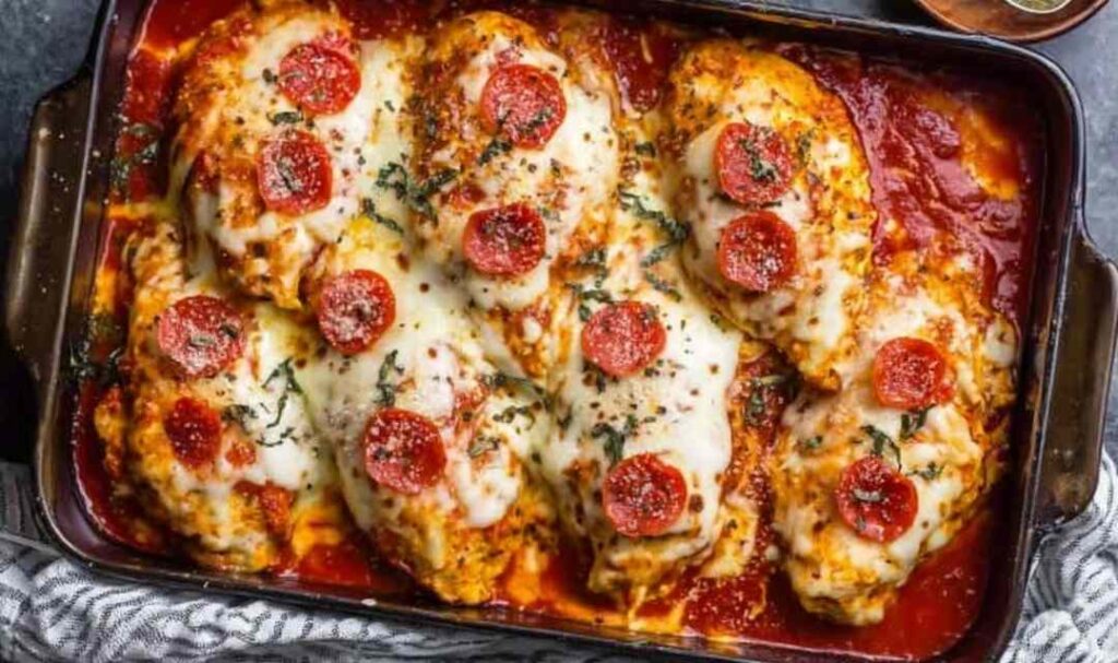 Pepperoni pizza stuffed chicken bake in a white 9x13 dish with golden melted mozzarella and bubbling marinara sauce