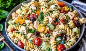 Creamy chicken pasta salad with rotini, cherry tomatoes, cucumber, and fresh parsley served in a large white bowl