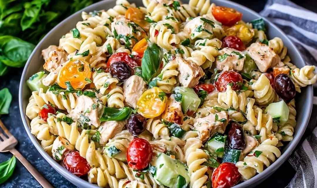 Creamy chicken pasta salad with rotini, cherry tomatoes, cucumber, and fresh parsley served in a large white bowl