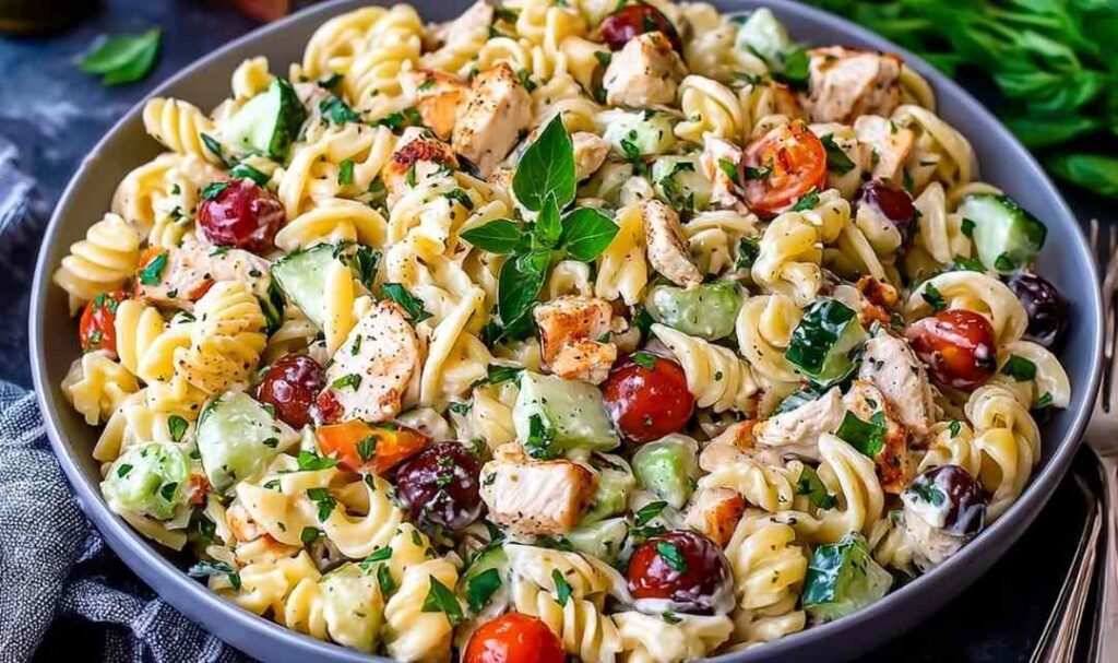 Creamy chicken pasta salad with rotini, cherry tomatoes, cucumber, and fresh parsley served in a large white bowl
