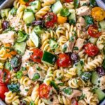 Creamy chicken pasta salad with rotini, cherry tomatoes, cucumber, and fresh parsley served in a large white bowl