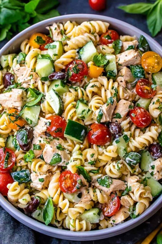 Creamy chicken pasta salad with rotini, cherry tomatoes, cucumber, and fresh parsley served in a large white bowl