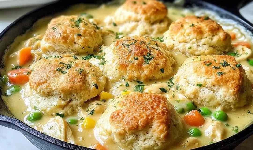 Red Lobster Biscuit Chicken Pot Pie with golden Cheddar Bay biscuit topping in a 9x13 baking dish