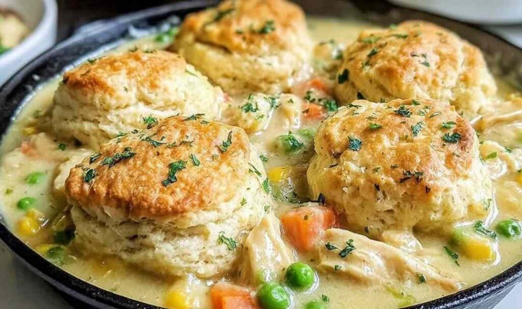Red Lobster Biscuit Chicken Pot Pie with golden Cheddar Bay biscuit topping in a 9x13 baking dish