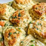 Red Lobster Biscuit Chicken Pot Pie with golden Cheddar Bay biscuit topping in a 9x13 baking dish