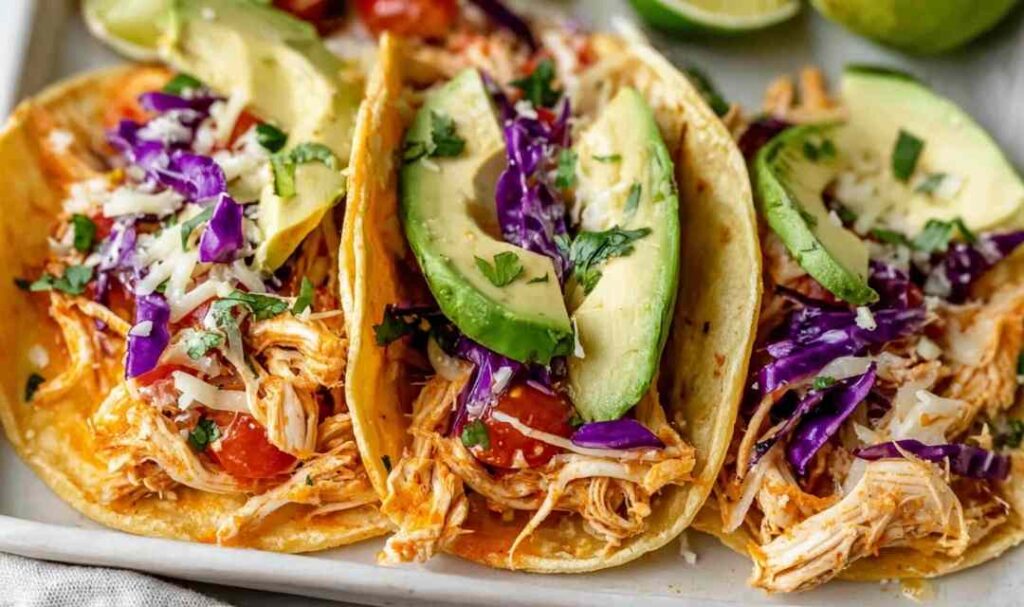 Rotisserie chicken tacos topped with shredded red cabbage, avocado slices, cheddar cheese, and fresh cilantro on warm corn tortillas