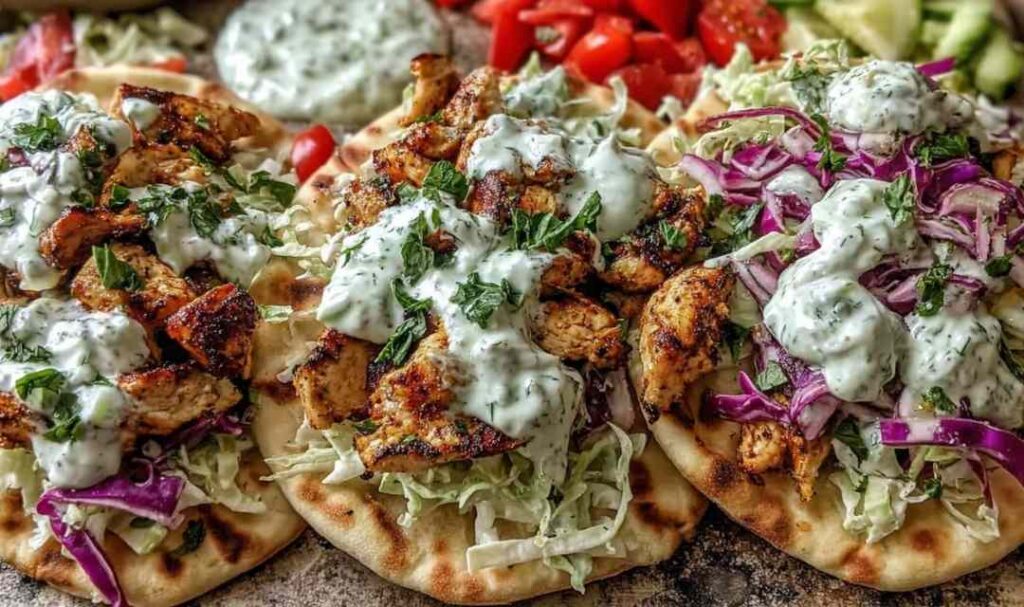 Sheet pan chicken pitas with fresh herb ranch slaw on a wooden board