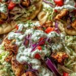 Sheet pan chicken pitas with fresh herb ranch slaw on a wooden board