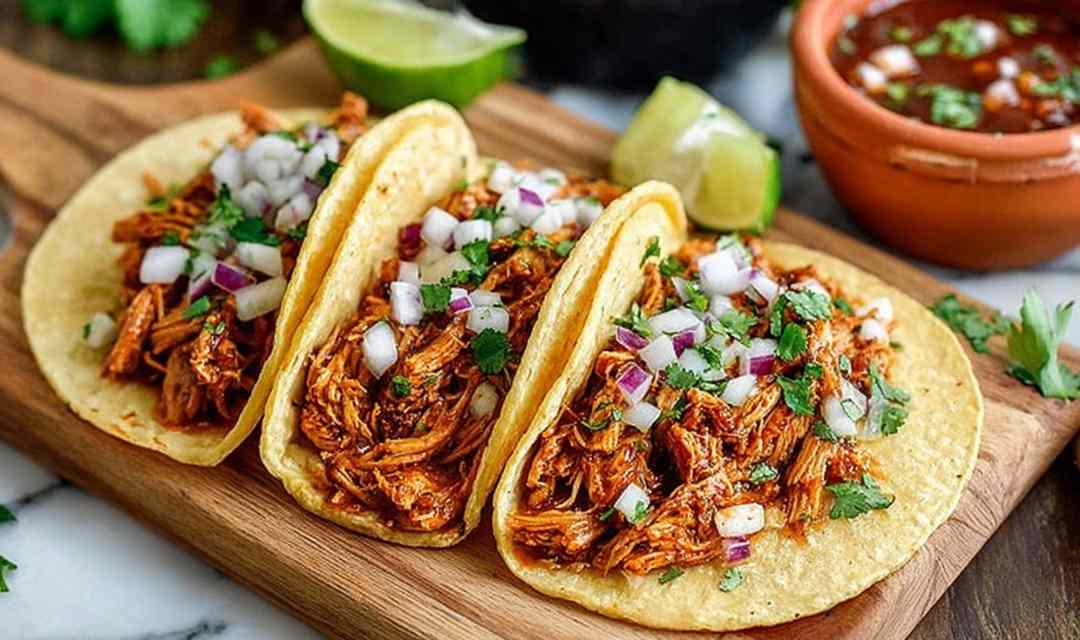 Shredded chicken tacos in warm corn tortillas with avocado, salsa, and cilantro