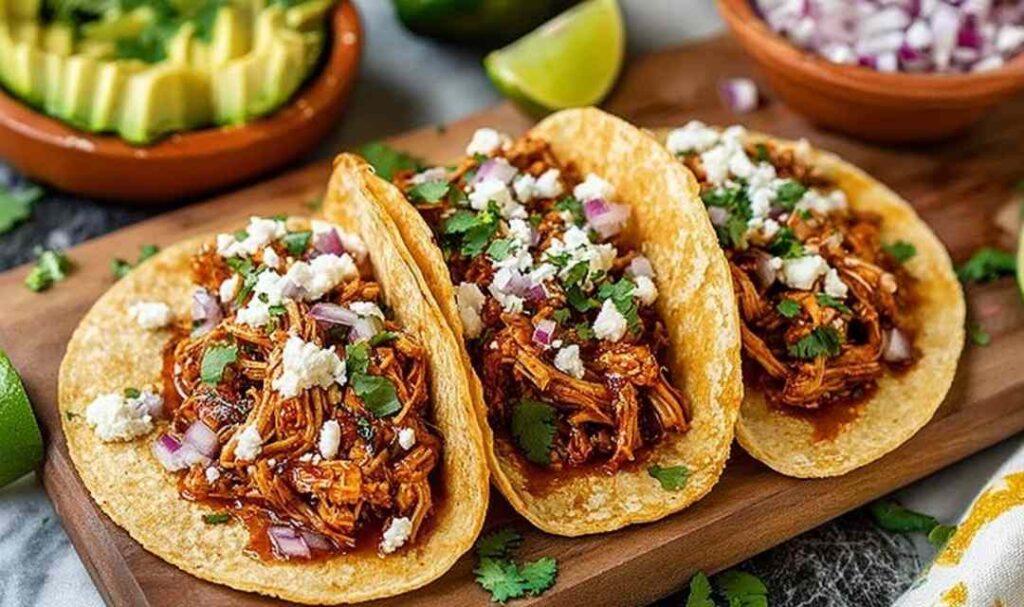 Shredded chicken tacos in warm corn tortillas with avocado, salsa, and cilantro