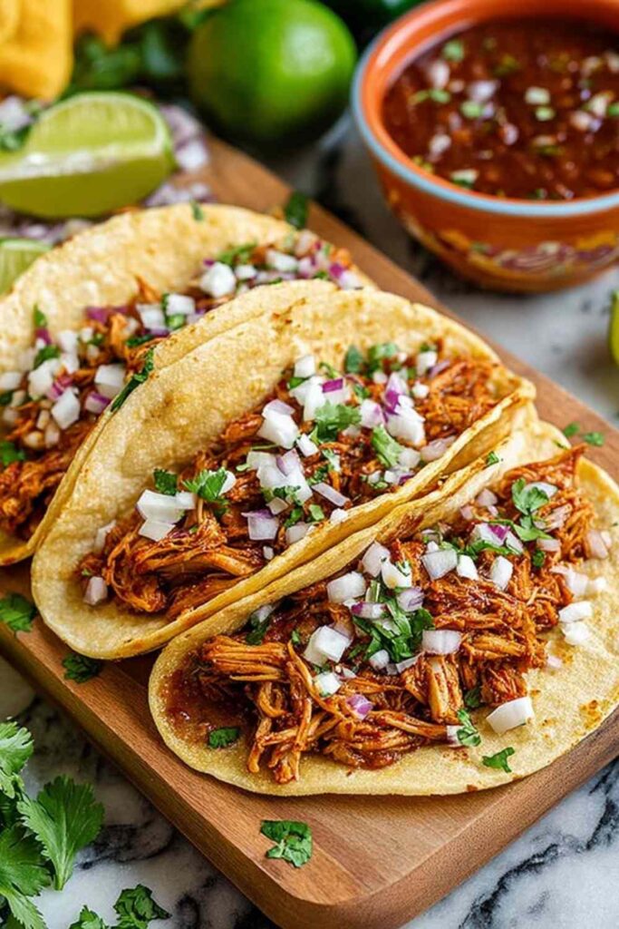Shredded chicken tacos in warm corn tortillas with avocado, salsa, and cilantro