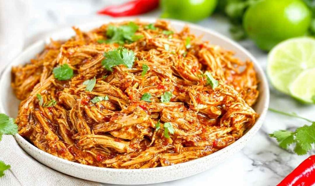 Shredded Mexican chicken in smoky chipotle tomato sauce served in a white bowl with lime and cilantro