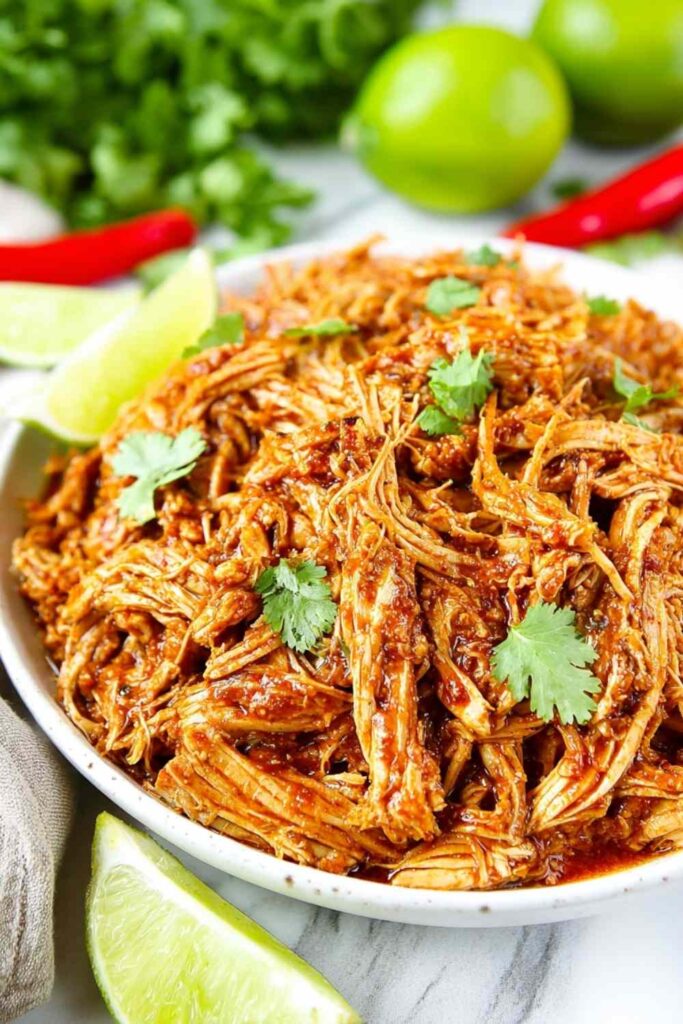 Shredded Mexican chicken in smoky chipotle tomato sauce served in a white bowl with lime and cilantro