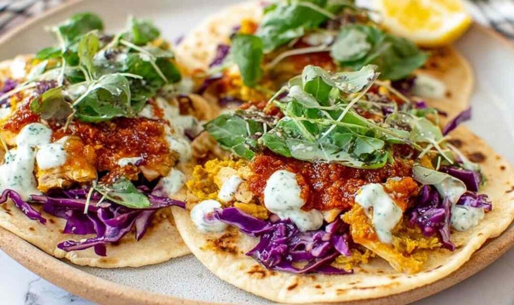 Smashed Chicken Tacos 5 Smashed chicken tacos in warm corn tortillas topped with shredded lettuce, diced tomatoes, and fresh lime wedges served on a wooden board