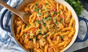 Creamy southwest chicken alfredo pasta in a skillet topped with fresh cilantro