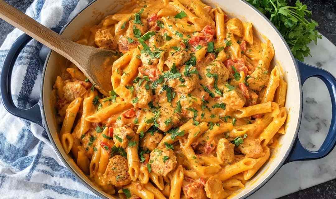 Creamy southwest chicken alfredo pasta in a skillet topped with fresh cilantro