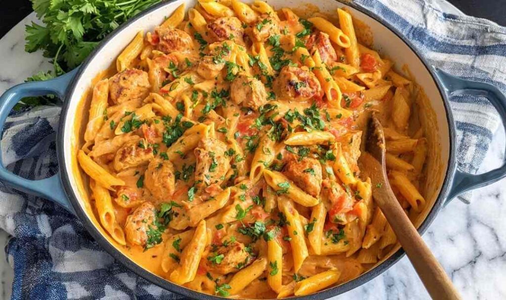 Creamy southwest chicken alfredo pasta in a skillet topped with fresh cilantro