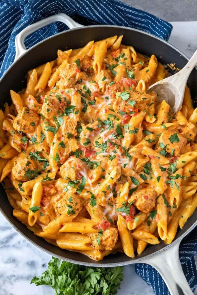 Creamy southwest chicken alfredo pasta in a skillet topped with fresh cilantro