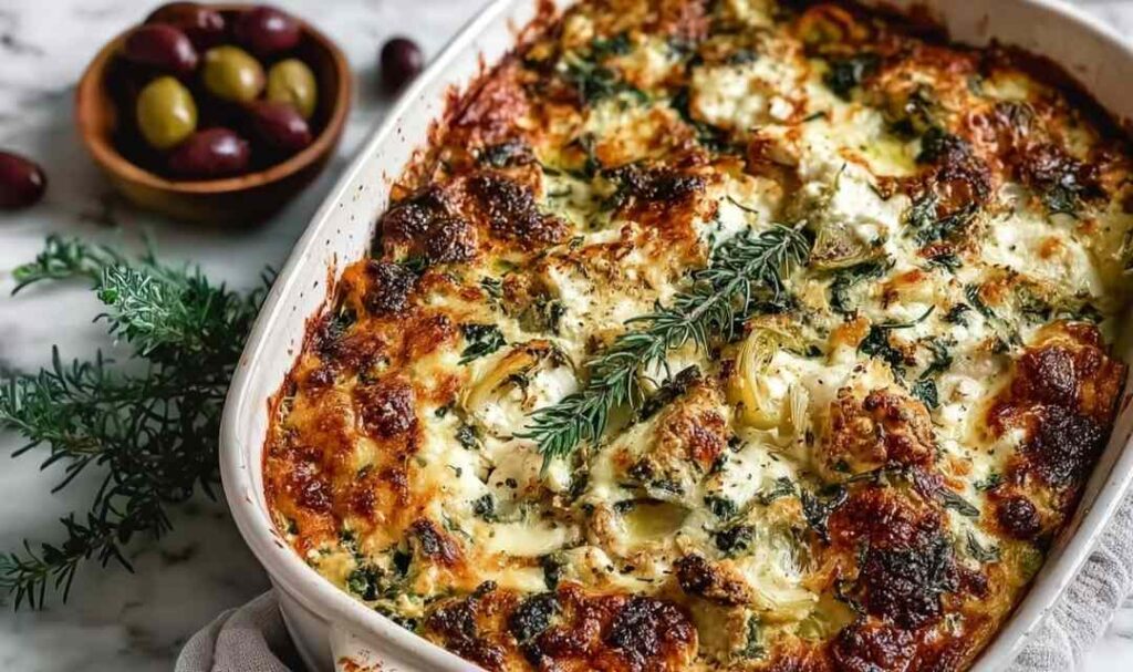 Spinach Greek Chicken Casserole in a 9x13 baking dish with golden melted mozzarella and crumbled feta on top
