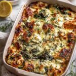 Spinach Greek Chicken Casserole in a 9x13 baking dish with golden melted mozzarella and crumbled feta on top