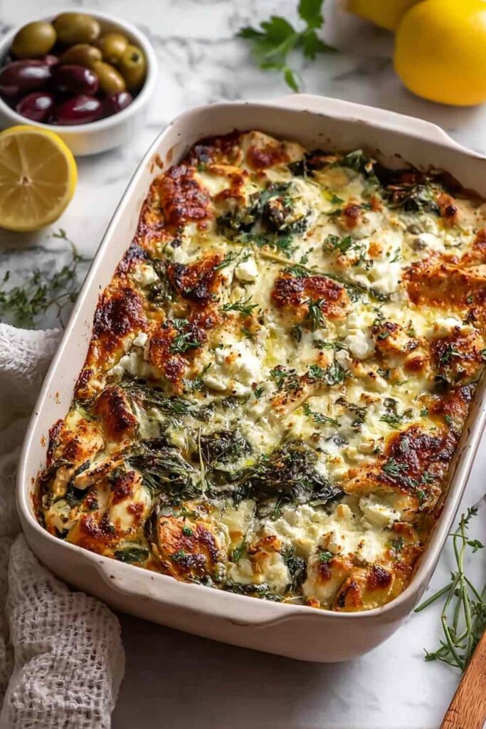 Spinach Greek Chicken Casserole in a 9x13 baking dish with golden melted mozzarella and crumbled feta on top