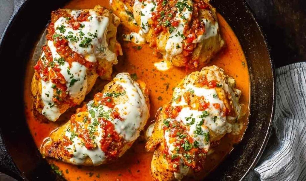 Stuffed buffalo chicken breast sliced open showing creamy ranch and cheddar filling drizzled with buffalo sauce and topped with crumbled blue cheese and green onions
