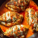 Stuffed buffalo chicken breast sliced open showing creamy ranch and cheddar filling drizzled with buffalo sauce and topped with crumbled blue cheese and green onions