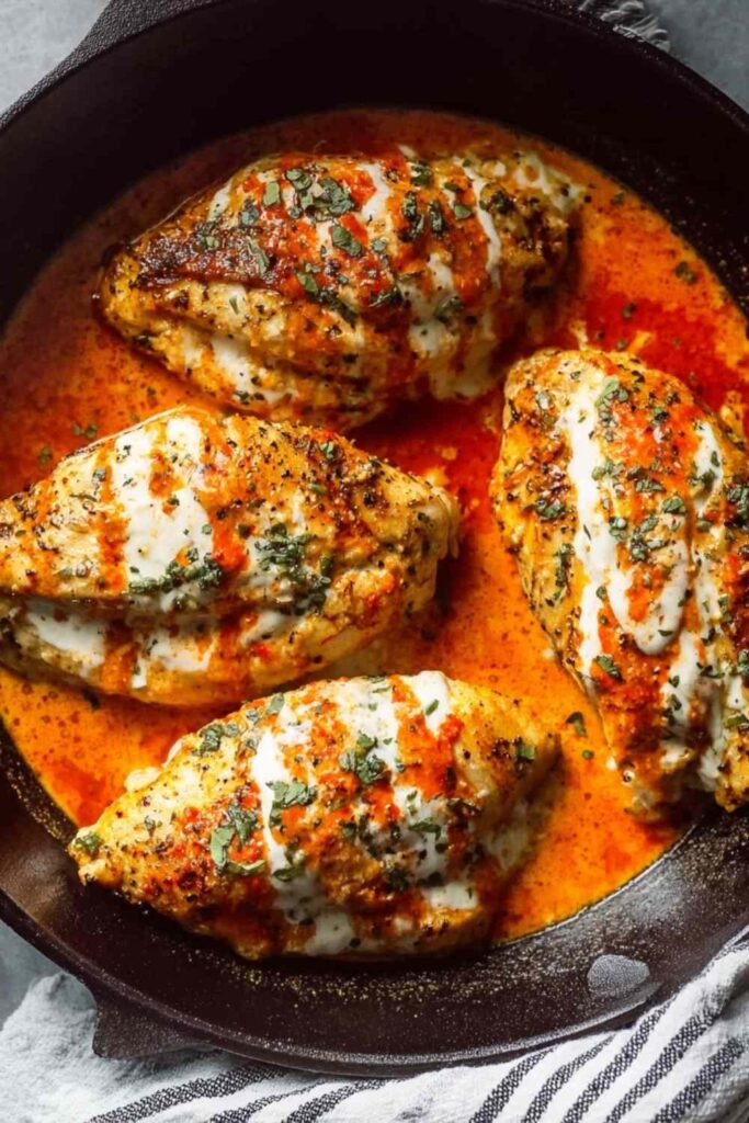 Stuffed buffalo chicken breast sliced open showing creamy ranch and cheddar filling drizzled with buffalo sauce and topped with crumbled blue cheese and green onions