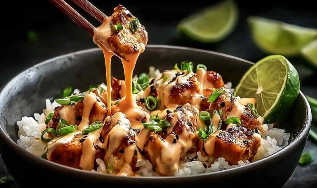 Sweet chili chicken bowl with coconut lime drizzle, jasmine rice, edamame, cucumber, and sesame seeds in a white bowl