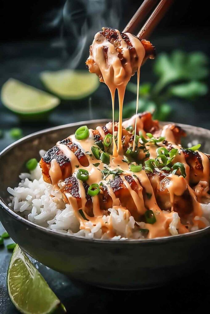 Sweet chili chicken bowl with coconut lime drizzle, jasmine rice, edamame, cucumber, and sesame seeds in a white bowl