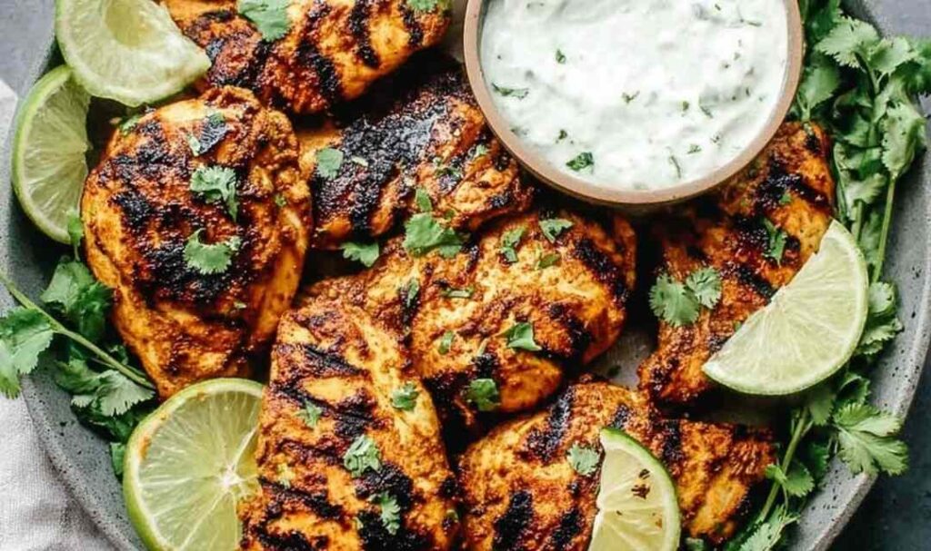 Grilled tandoori chicken marinade served on a white plate with warm naan and raita dipping sauce