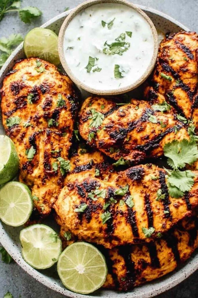 Grilled tandoori chicken marinade served on a white plate with warm naan and raita dipping sauce
