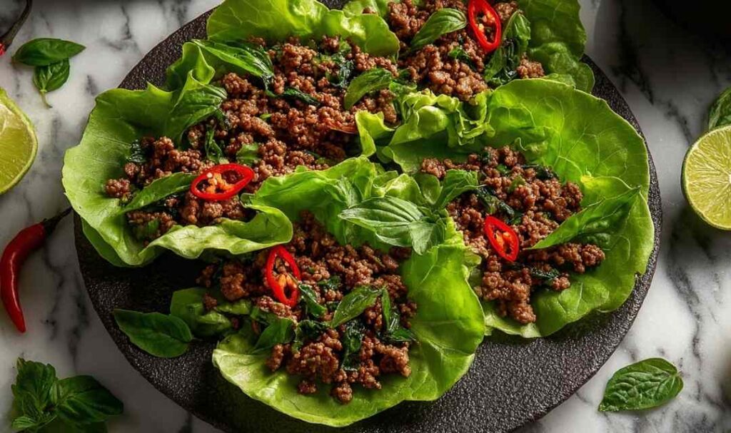 Thai Basil Beef Lettuce Cups 5 Thai Basil Beef Lettuce Cups served on a rustic wooden board with fresh basil and lime wedges