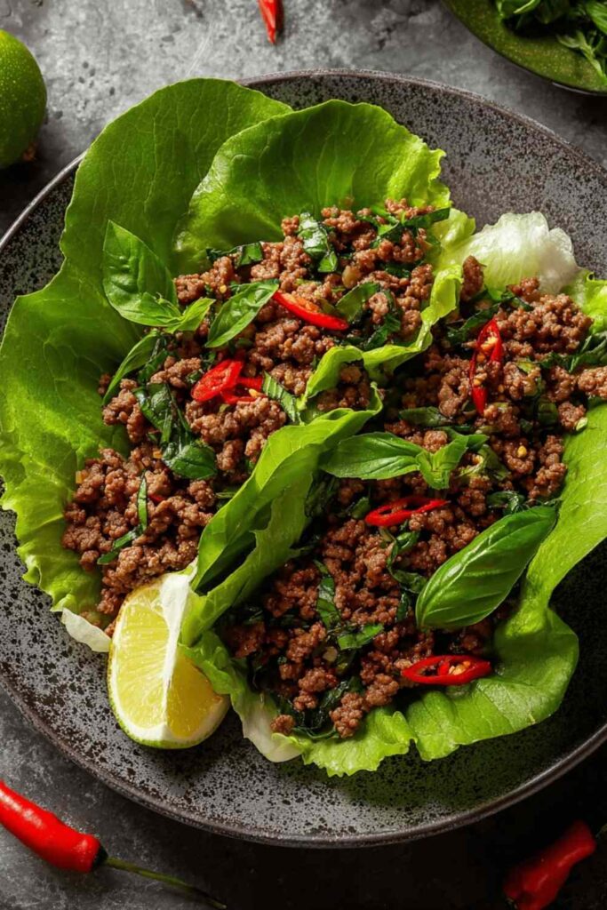 Thai Basil Beef Lettuce Cups 6 Thai Basil Beef Lettuce Cups served on a rustic wooden board with fresh basil and lime wedges