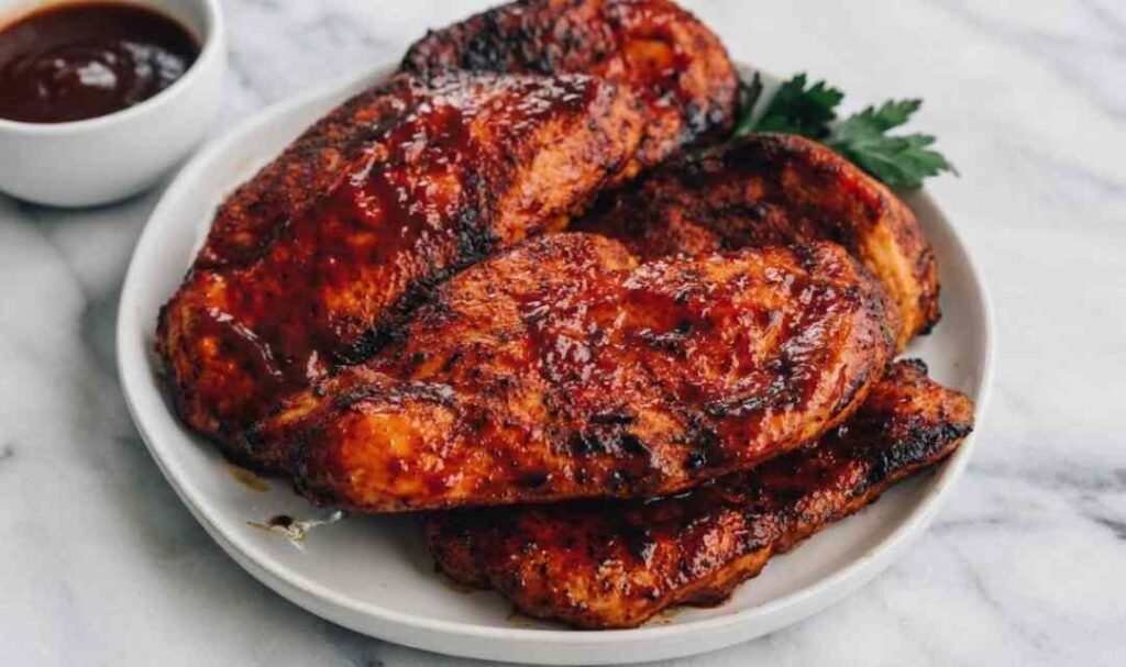 Juicy air fryer BBQ chicken breast sliced on a white plate with sticky BBQ glaze and dipping sauce on the side