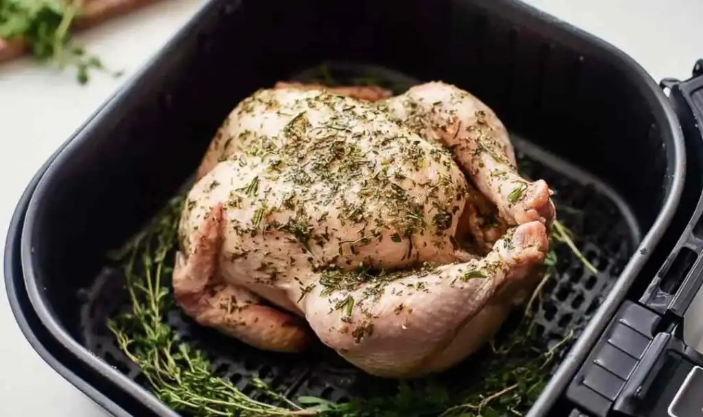 Seasoned whole chicken placed breast side down inside a 6-quart air fryer basket