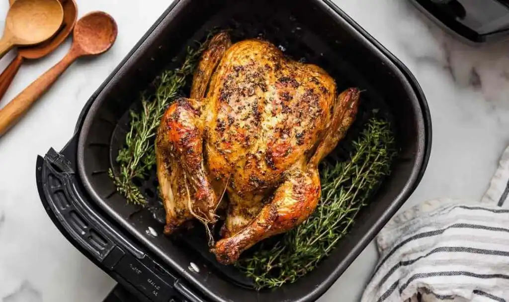 Close up of crispy golden skin on air fryer whole chicken showing deep color and crackly texture