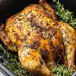 Crispy golden air fryer whole chicken in an air fryer basket fresh from cooking