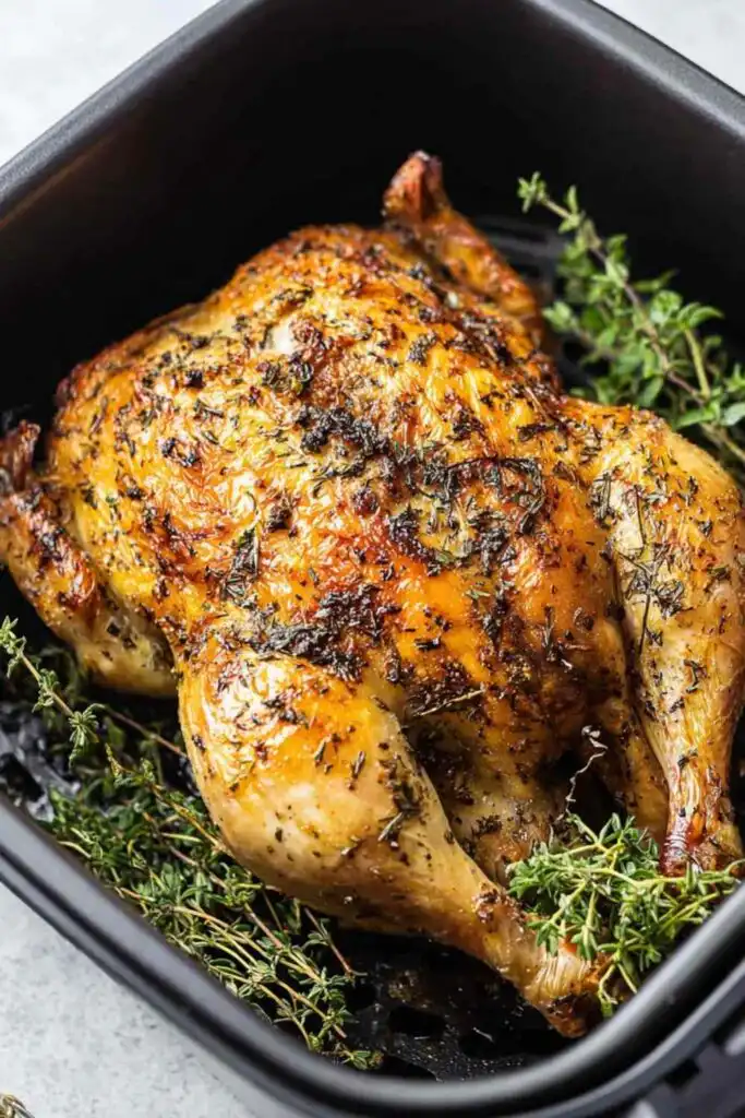 Crispy golden air fryer whole chicken in an air fryer basket fresh from cooking