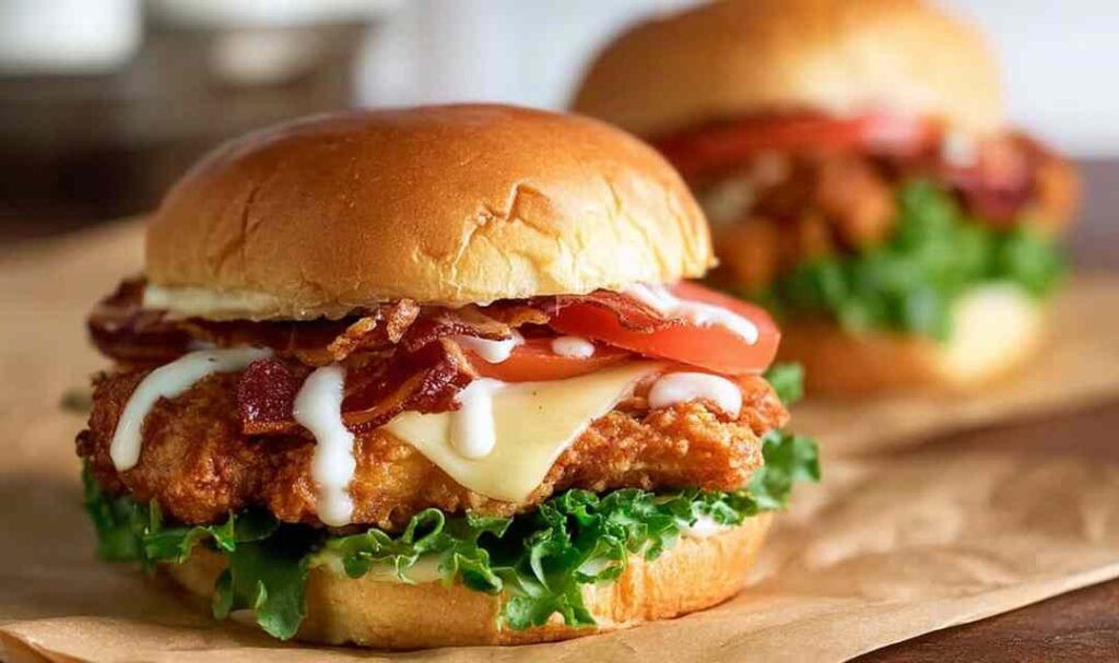 Crispy Asiago ranch chicken club sandwich stacked with bacon, lettuce, tomato, and melted Asiago cheese on a toasted bun