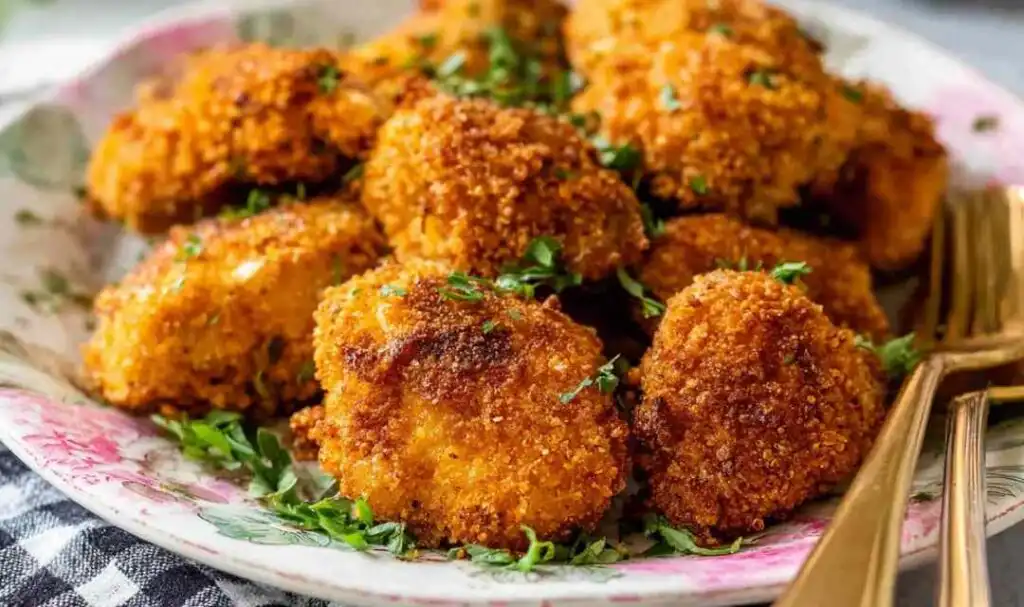Baked Parmesan Crusted Chicken Thighs 5 Baked Parmesan crusted chicken thighs on a wire rack with a golden crispy crust and fresh herb garnish
